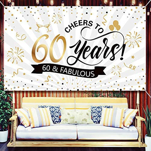 Happy 60th Birthday Backdrop Background Banner Large Men Women 60th Anniversary Backdrop Photo Booth Cheers to 60 Years Banner for 60th Birthday Party Decorations Supplies 72.8 x 43.3 inch