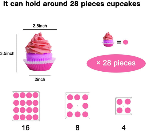 YestBuy 3 Tier Square Cupcake Stand - Premium Cupcake Holder - Acrylic Cupcake Tower Display - 3 Tier Acrylic Display for Pastry + LED Light String - Ideal for Weddings, Birthday Parties( Pink Light)