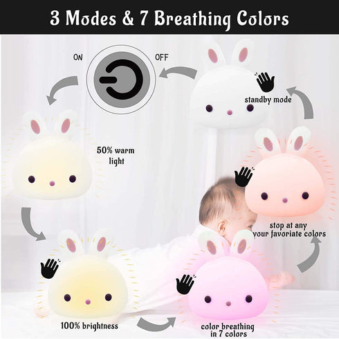 Wenscha Kids Night Light 7 Color Changing USB Rechargeable Night Light for Baby Toddler Christmas Gifts, Touch Portable LED Silicone Bunny Lamp for Nursery Girls Bedroom