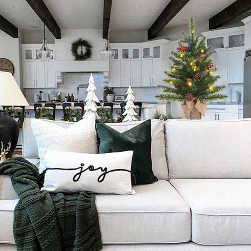24 Inch 2FT Pre-lit Mini Christmas Tree, DEWBIN Small Christmas Tree with 20 LED Lights and Cloth Bag Base, Tabletop Christmas Pine Tree, Xmas Decorations for Fireplace, Home Decor Indoor