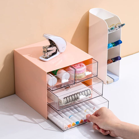 Comix Desk Organizer with Drawer, Desk Storage Box with 4 drawers, Plastic Office Stationery Supplies Organizers, Desktop Organizer for Office School Home (Pink)