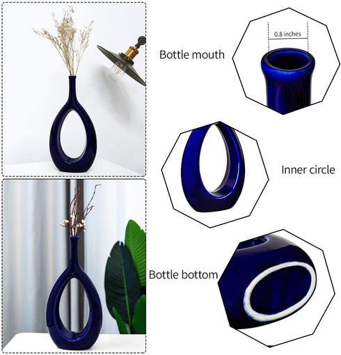 Samawi Blue Ceramic Vase/12 inch/Flowers Home Decor Decorative Blue Vase Modern/Geometric Vase/Peephole Vase for Living Room/Bedroom/Dining Table