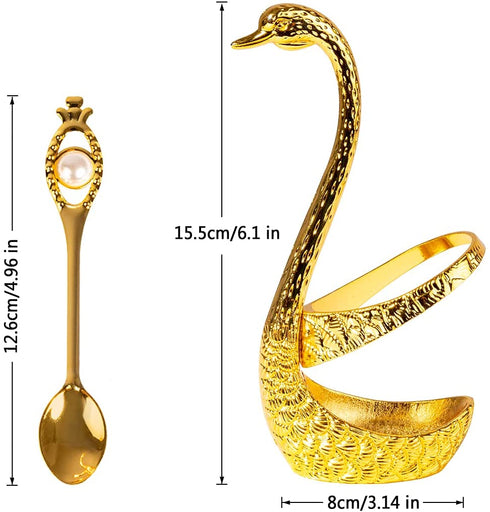 Coffee Spoon Set, Metal Swan Base Holder Dessert Spoon Organizer with 6pcs Spoons Teaspoon Dessert Flatware Set for Coffee Fruit Dessert Ice Cream Cake (Gold)
