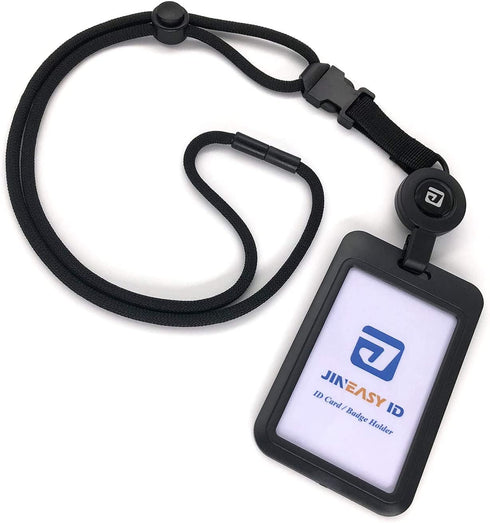 Jineasy ID Breakaway Lanyard Hard Plastic ID Badge Card Holder with Heavy Duty Retractable Badge Reel (Black)