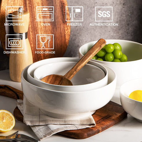 SWEEJAR Large Salad Serving Bowl, 8" Ceramic Bowls for Taco salad, Pasta, Pho, Soup, 2 Quart Mixing Bowl for Family Dinner, Daily Use, Set of Two (White)