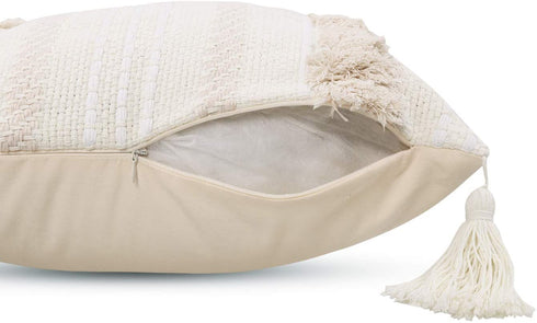 OJIA Boho Decorative Throw Pillow Cover, 20 x 20 Farmhouse Cute Pillowcase Minimalist Neutral Collection Cream White Tufted with Tassels Woven Square Cushion Cover for Sofa Couch Bedroom Living Room