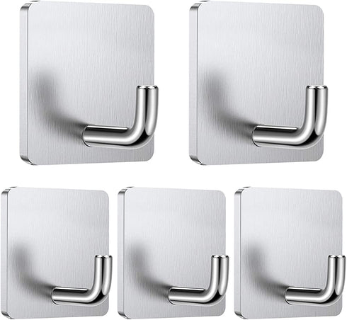 5 Pack Adhesive Hooks Heavy Duty Wall Hook Towel Hooks and Coat Hooks Stick on Cabinet Doors Stainless Steel Waterproof Self Adhesive Holders Kitchen Bathroom Adhesive Hook for Hanging