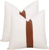 cygnus Set of 2 White Linen Patchwork Faux Leather Throw Pillow Covers for Couch Living Room Bedroom, Modern Accent Decor Square Cushion Covers 18X18 inch, Brown and White