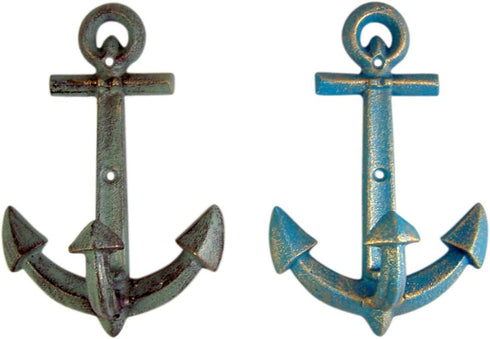 Primitive Blue and Grey Cast Iron Anchor Wall Hooks, 7 1/2 Inches, Set of 2