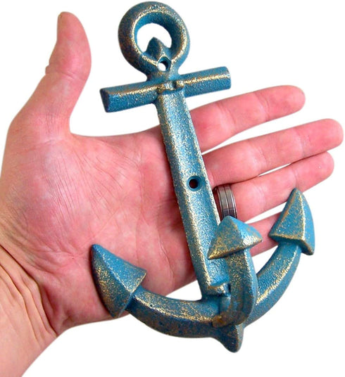 Primitive Blue and Grey Cast Iron Anchor Wall Hooks, 7 1/2 Inches, Set of 2