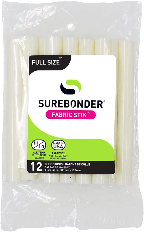 Surebonder FS-12 Fabric Hot Glue Sticks, Strong Bonding Fabric Glue, Machine Washable, Full Size 4-Inch Length - 12 Pack, - Made in USA , White