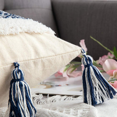 MIULEE Decorative Throw Pillow Cover Tribal Boho Woven Tufted Pillowcase with Tassels Rectangle Pillow Sham Pillowcase Cushion Case for Sofa Couch Bedroom Car Living Room 12x20 Inch Dark Blue