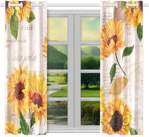 YUMOING Hand Drawn Vibrant Yellow Watercolor Sunflowers Kitchen Curtains Window Curtain Tiers for Caf©, Bath, Laundry, Living Room Bedroom 26 X 39 Inch 2 Pieces