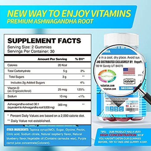 BeautyÉlan Ashwagandha Gummies for Women Men 9000mg - Vegan Stress Relief Gummy - Ashawanga Root Extract with Vitamin D Supplement for Calm Mood, Relaxed Sleep & Immunity Support, Non-GMO 60 Gummies