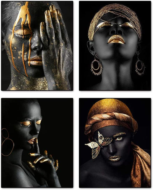 VOUORON African American Fashion Pop Gold Earrings Necklace Black Woman Wall Art Painting Set of 4 (8”X10” Canvas Picture) SPA Bathroom Pretty Girl Room Poster Art Prints Bedroom Home Decor Unframed
