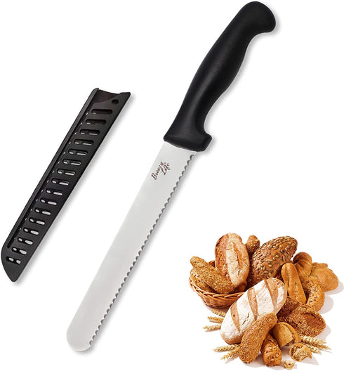 Breezylife Serrated Bread Knife with Sheath, Stainless Steel Bread Cutter for Homemade Bread Cake Bagel and Juicy Tomatoes, 8 inch, Black