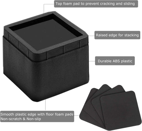W WARMHOL 3 Inch Bed Riser Heavy Duty Furniture Risers Stackable Blocks for Dorm Couch Bed Sofa Chair Table, Set of 4, Black
