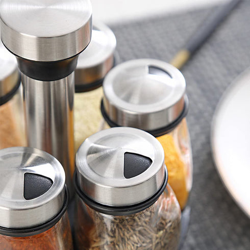 KOKM Revolving Spice Rack, 6-Jar Seasoning Organizer Holder 360° Rotation Shelf Tower Set with 6 Glass Spice Refill Containers Jars for Cabinet Countertop Kitchen Cooking (Spices Not Included)