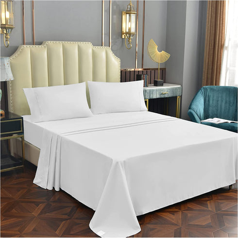 Queen Size Sheet Set White 4 Piece Bamboo Sheets Soft Breathable Fitted Sheet 15" Extra Deep Pocket Pure Luxury Hotel Collection Cooling Bamboo Bed Sheets Wrinkle Free Durable 90" x 102" Flat Sheets