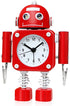 Betus Non-Ticking Robot Alarm Clock Stainless Metal - Wake-up Clock with Flashing Eye Lights and Hand Clip (Ruby Red)
