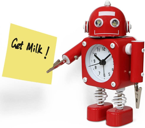 Betus Non-Ticking Robot Alarm Clock Stainless Metal - Wake-up Clock with Flashing Eye Lights and Hand Clip (Ruby Red)