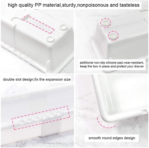 Mebbay 6 Pack Expandable Drawer Organizer Makeup Drawer Organizer Storage Bins Tray for Bathroom Vanity Table Office Kitchen with 25 pcs Non-Slip Pads White