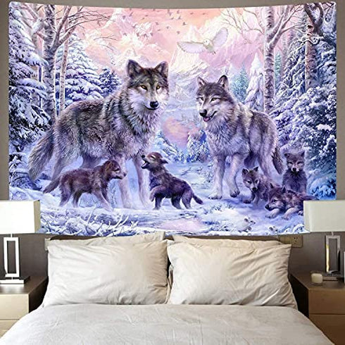 KYKU Snow Wolf Tapestry Pink Family Wolves Tapestry Wall Hanging Wild Animal Tapestries for Bedroom Living Room Dorm Decor (W59.1 × H51.2, Pink)