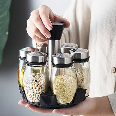 KOKM Revolving Spice Rack, 6-Jar Seasoning Organizer Holder 360° Rotation Shelf Tower Set with 6 Glass Spice Refill Containers Jars for Cabinet Countertop Kitchen Cooking (Spices Not Included)