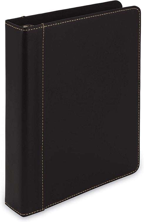 Samsill 1" Junior Size Contrast Stitch Leather 3 Ring Binder, Holds 8.5 x 5.5" Paper Size, Portfolio Organizer, Black