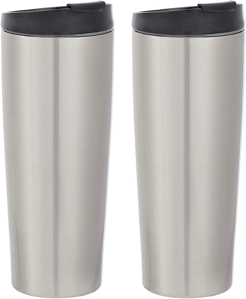 Amazon Basics Stainless Steel Tumbler with Flip Lid, Vacuum Insulated 30-Ounce, 2-Pack, Silver
