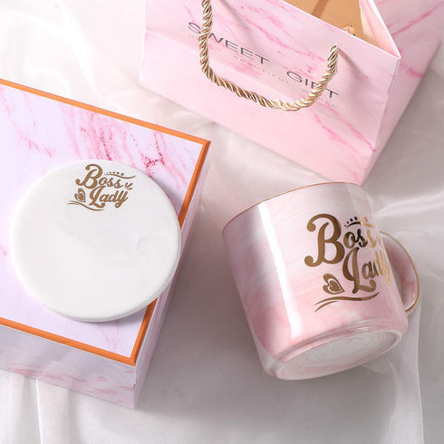 Boss Lady Pink Marble Ceramic Coffee Mug 11.5 Oz with Coasters Boss Lady Mug Birthday Gifts for Women Mom and Girl Female Entrepreneur Business Owner Coffee Mug for Women
