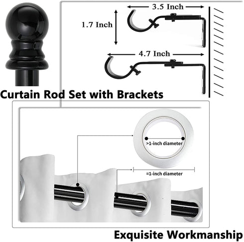 Curtain Rods for windows,1" Diameter Metal Single Splicing Adjustable Curtain Rod set with Brackets (Black, 30-60")