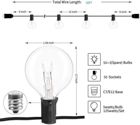 G40 Globe String Patio Lights, Outdoor String Lights 50FT with 53 G40 Bulbs (3 Spare), UL Certified for Patio Porch Backyard Deck Bistro Gazebos Pergolas Balcony Wedding Party Markets Decor