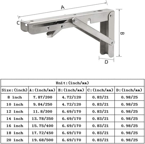 Folding Shelf Brackets, Max Load 300 lb, Heavy Duty Stainless Steel Collapsible Wall Mounted Shelf Brackets for Table, Space Saving DIY Bracket, Pack of 2 (2, Foldable 12")