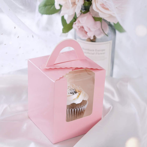 Cupcake Boxes Carriers, EUSOAR 50pcs Pink Single Individual Cupcake Boxes Holders Containers, Portable Paper Muffin Gift Boxes with Window Inserts Handle, for Wedding Birthday Party Treats Boxes