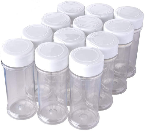 12 Pack of 6 Oz. Empty Clear Plastic Spice Bottles with White Sprinkle Top Lids For Storing and Dispensing Salt, Sweeteners and Spices - Food-Grade Spice Jars for Kitchen and Home Spice Organization