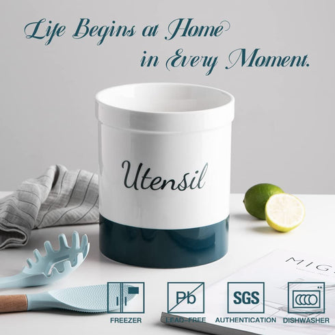 SWEEJAR Kitchen Utensil Holder, 7.2" Ceramic Utensil Crock for Cooking Countertop, Housewarming, Wedding, Birthday Gift (Teal green)