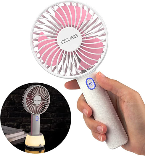OCUBE Handheld Fan, Mini Hand Held Fan with 7 Color LED Light Base, 2000mAh Battery Operated USB Rechargeable Desk Fan, 3 Speeds Electric Portable Personal Cooling Fan for Home Office Travel (Pink)