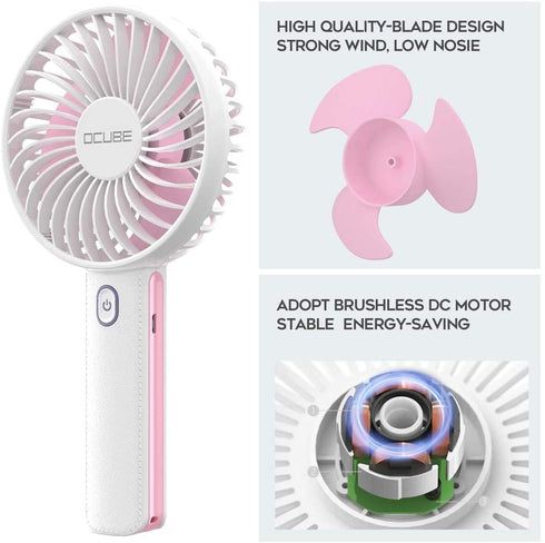 OCUBE Handheld Fan, Mini Hand Held Fan with 7 Color LED Light Base, 2000mAh Battery Operated USB Rechargeable Desk Fan, 3 Speeds Electric Portable Personal Cooling Fan for Home Office Travel (Pink)