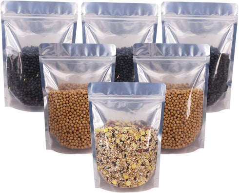 Belinlen 100 Pack 6 x 9 Inch Stand Up Pouch Bags Zipper Mylar Bags Clear Front with Aluminum Foil Back Reusable Food Storage Bags for Multipurpose with Gusset Bottom(5.5mil Thickness)