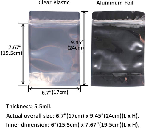 Belinlen 100 Pack 6 x 9 Inch Stand Up Pouch Bags Zipper Mylar Bags Clear Front with Aluminum Foil Back Reusable Food Storage Bags for Multipurpose with Gusset Bottom(5.5mil Thickness)