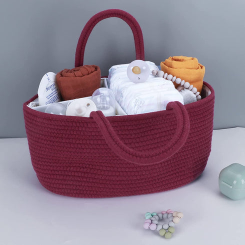 Baby Diaper Caddy Organizer for Girl Boy Rope Nursery Storage Bin Basket Portable Holder Tote Bag for Changing Table Car Travel Baby Shower Gifts Newborn Essentials Registry Must Have Items (Rust red)