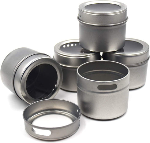 CMS MAGNETICS - 12 Count Magnetic Spice Tin Jars Set with Clear Ingredient Sticker Labels for Kitchen, Refrigerators, and Wall Mount Organizer