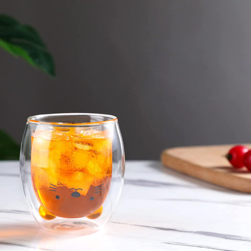 Cute Mugs Glass Double Wall Insulated Glass Espresso Cup, Coffee Cup, Tea Cup, Milk Cup, Best gift for Office and Personal Birthday (Cat)