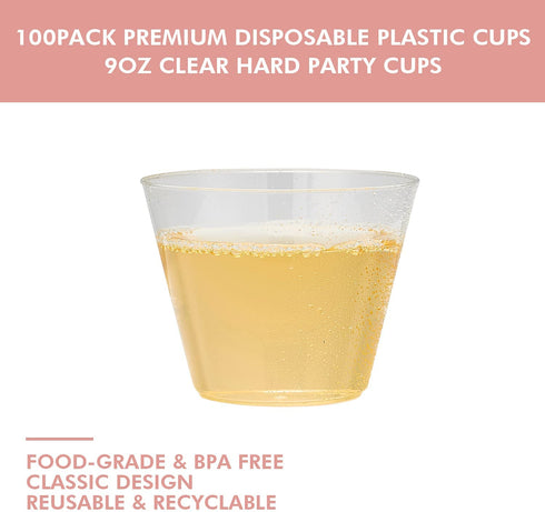 100 Pack 9oz Clear Plastic Cups, POPOPUL Disposable Cups Heavy Duty Plastic Cups Tumblers, Reusable Clear Hard Plastic Cups for Wedding Party, Halloween, Thanksgiving, Christmas