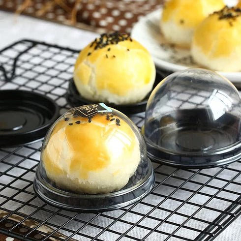 150 Pcs Mini Cupcake Containers, Disposable Plastic Mooncake Boxes, 2.8x2.2inch Muffin Pod Dome Single Cupcake Holders Individual Cupcake Containers with 150pcs Handmade Stickers