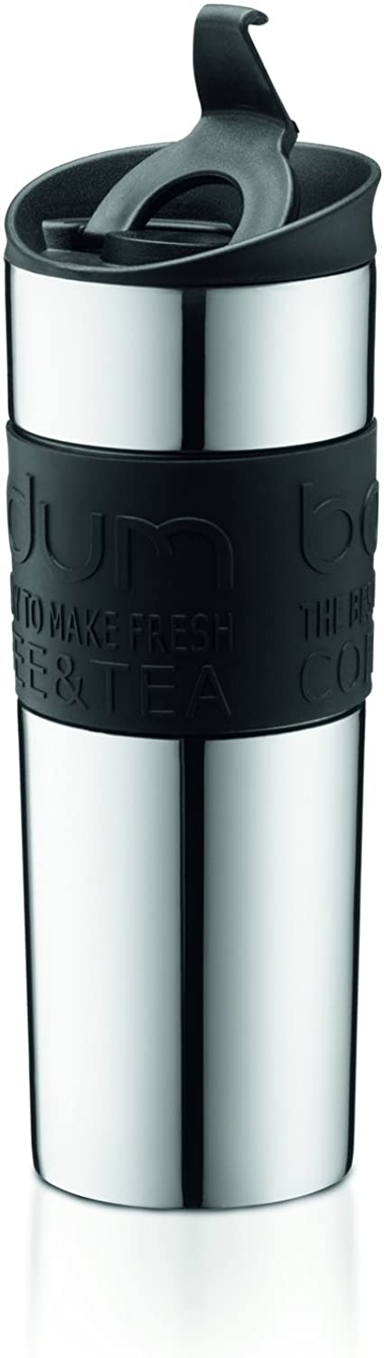 Bodum Travel Press, Stainless Steel Travel Coffee and Tea Press, 15 Ounce, .45 Liter, Black,1 Count (Pack of 1)