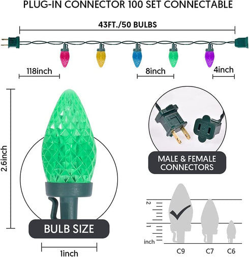 Christmas Lights Outdoor Indoor 43 Feet 50 Led, C9 Led Christmas String Lights UL Certified Extendable Green Wire for Garden Christmas Wedding Party Patio Christmas Decorations