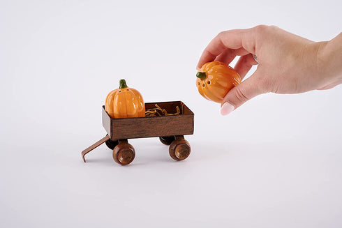 Mud Pie PUMPKIN SALT AND PEPPER, shaker 2 1/4" x 1 3/4" dia | wagon 1 1/2" x 3" x 2"
