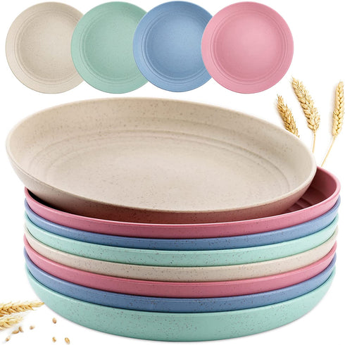 Nicunom 8 Pack Lightweight Wheat Straw Plates, 8" Unbreakable Dinner Plates, Dishwasher Microwave Safe Plates Dishes, Reusable Plate for Fruit Snack Container